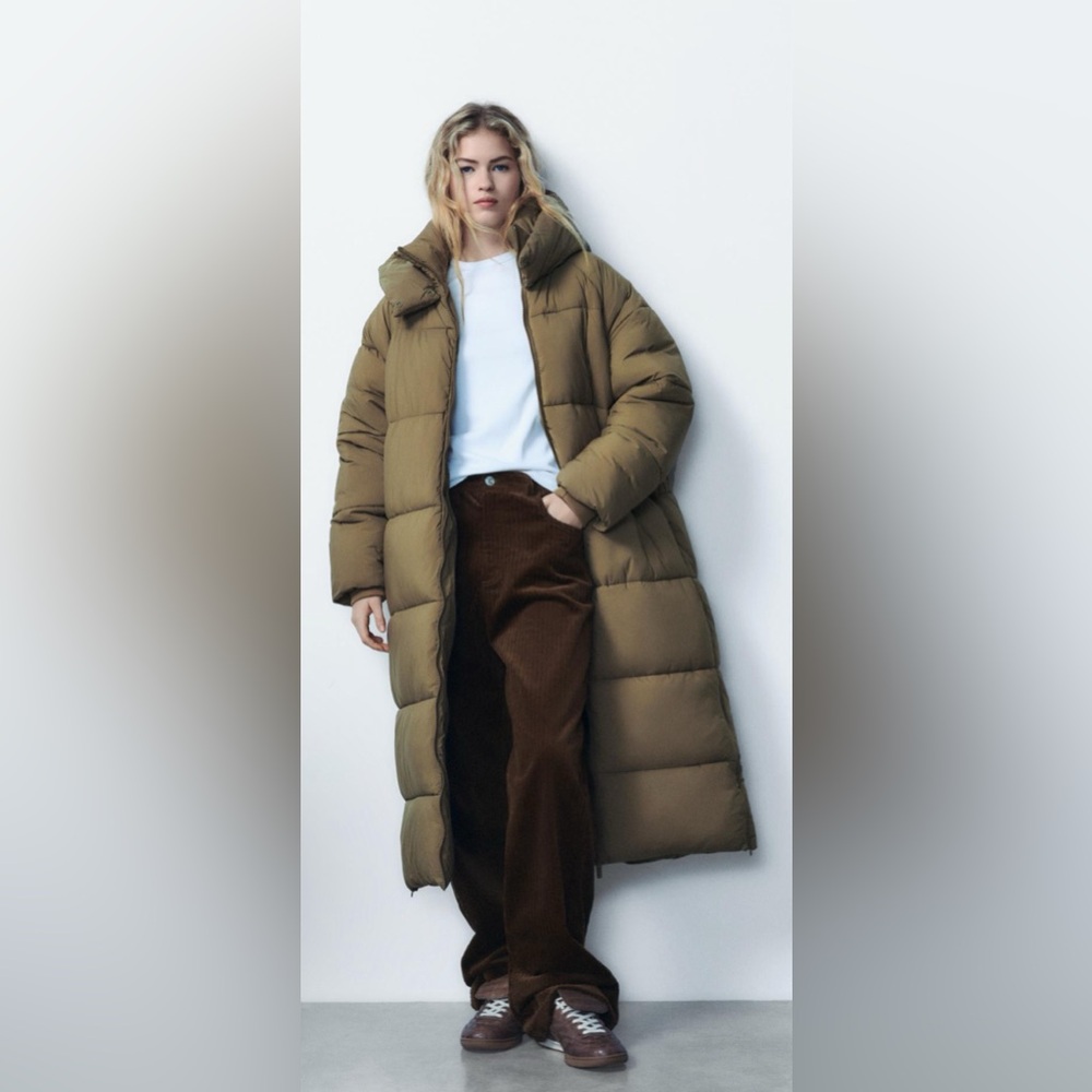 Zara Long Olive Puffer Coat in Khaki Green